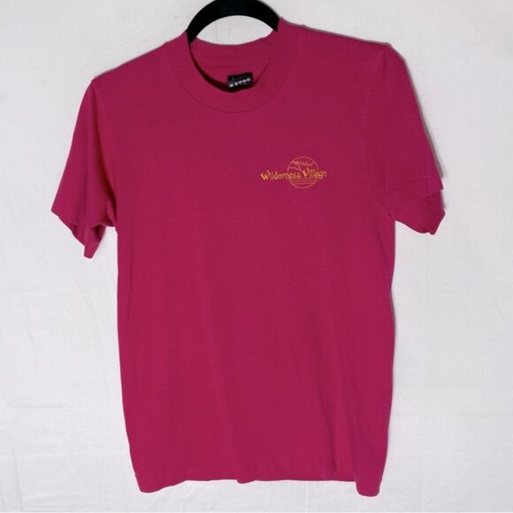 SOLD-Vintage Fruit Of The Loom Pink Short Sleeve Wilderness Village T Shirt S - Picture 1 of 16